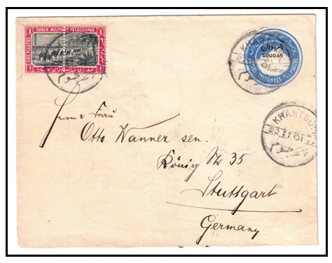SUDAN - 1897 1p blue PSE uprated with 1p 