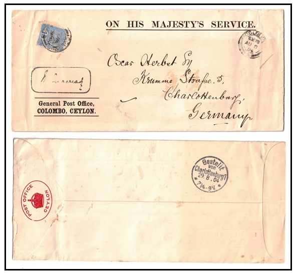 CEYLON - 1904 OHMS cover to Germany with 15c 