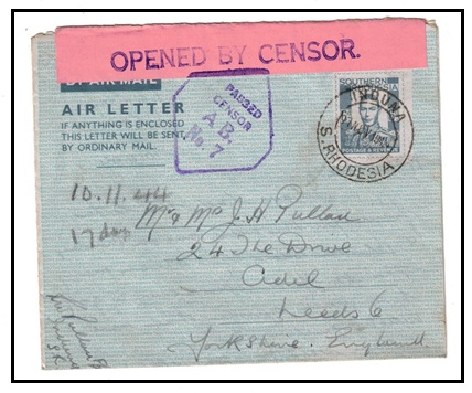 SOUTHERN RHODESIA - 1944 6d stationery air letter to UK with PASSED/CENSOR/A.B./No.7 h/s. H&G 1.