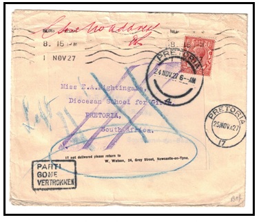SOUTH AFRICA - 1927 inward cover from UK to Pretoria struck 