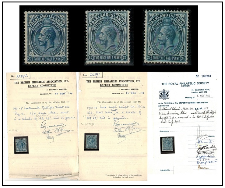 FALKLAND ISLANDS - 1921-28 6 mint shades of the 2 1/2d (3 with certificates). SG 76/76b.