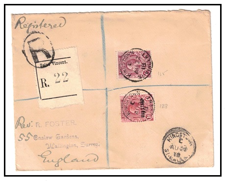 ST.VINCENT - 1918 6d rate registered cover to UK with 1d 