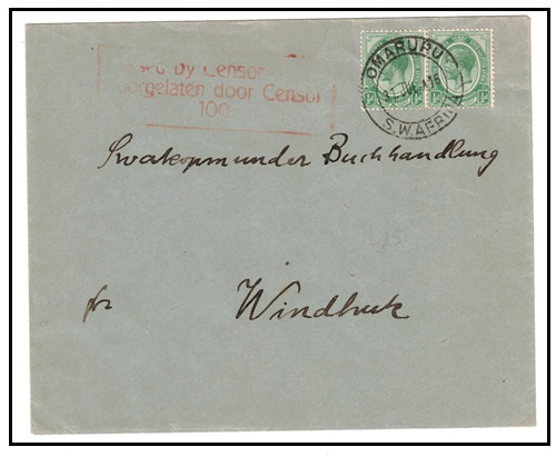 SOUTH WEST AFRICA - 1916 1/2d (x2) rate local cover used at OMARURU with PASSED BY CENSOR h/s in red