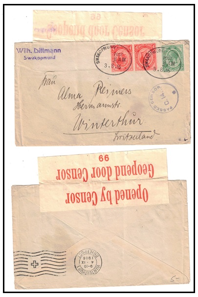 SOUTH WEST AFRICA - 1916 2 1/2d rate OPENED BY CENSOR cover to Switzerland used at SWAKOPMUND.