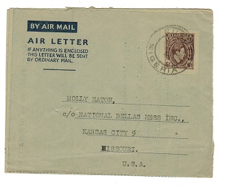 NIGERIA - 1948 6d postal stationery air letter addressed to USA cancelled BURUTU.  H&G 1.