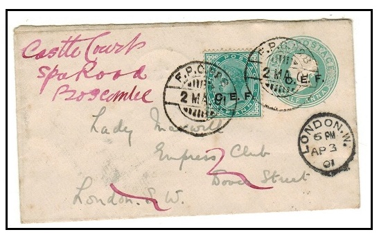 INDIA - 1901 use of 1/2a green PSE of India overprinted C.E.F. uprated to UK used at FPO/No.8.