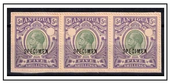 ANTIGUA - 1913 5/- green grey and violet strip of 3 with SPECIMEN overprint.  SG 51s.