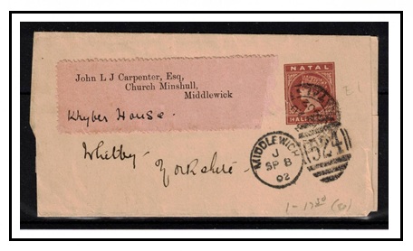 NATAL - 1885 1/2d brown postal stationery wrapper addressed to UK.  H&G 1.
