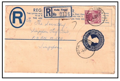 MALAYA - 1949 20c blue RPSE of Johore uprated to Singapore used at KOTA TINGGI.  H&G 2.