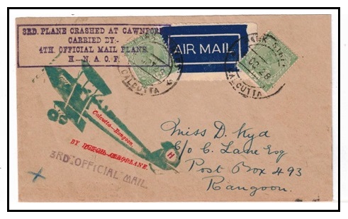INDIA - 1928 3rd first flight cover to Burma from PARK STREET/CALCUTTA.