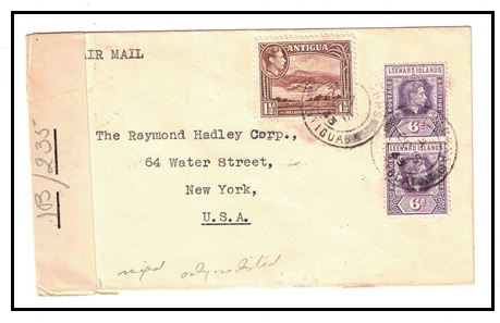 ANTIGUA - 1943 censored cover to USA bearing the scarce Miller L10 label used at ST.JOHNS.