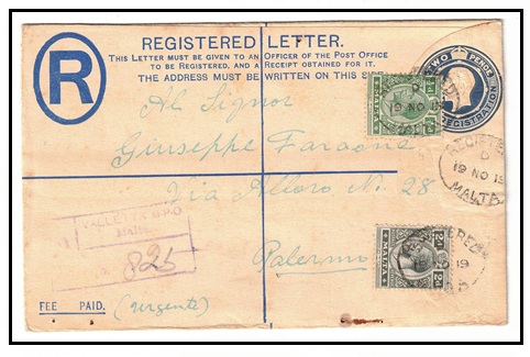 MALTA - 1913 2d blue RPSE (size G) uprated to Italy.  H&G 5.