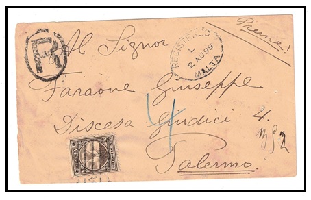 MALTA - 1899 4 1/2d rate registered cover to Italy.