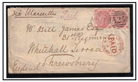 MALTA - 1867 3d (x2) GB adhesives used on cover to UK struck 