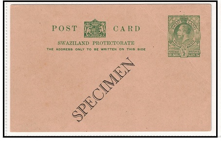 SWAZILAND - 1935 1/2d green PSC unused with SPECIMEN applied diagonally.  H&G 2.