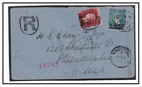 ST.VINCENT - 1898 5d on 6d and 2 1/2d on 6d combination surcharge registered cover to USA.
