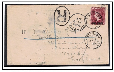 ST.VINCENT - 1899 5d on 6d surcharge registered cover to UK.