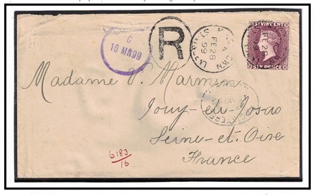 ST.VINCENT - 1899 6d rate registered cover to France.