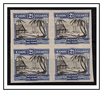 COOK ISLANDS - 1932 2 1/2d (SG type 23) IMPERFORATE PLATE PROOF block of four.
