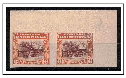 COOK ISLANDS - 1920 6d (SG type 13) in a fine corner marginal IMPERFORATE PLATE PROOF pair.