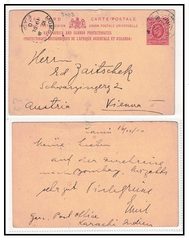 K.U.T. - 1907 6c carmine PSC to Austria used at LAMU.  H&G 6.