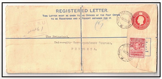 BASUTOLAND - 1932 4d red RPSE (size H2) uprated to Pretoria used at MASERU.  H&G 1a.