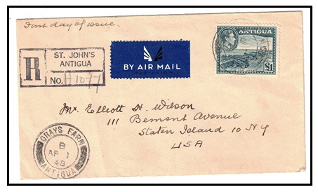 ANTIGUA - 1948 1 (SG 109) on registered first day cover to USA used at GRAYS FARM.