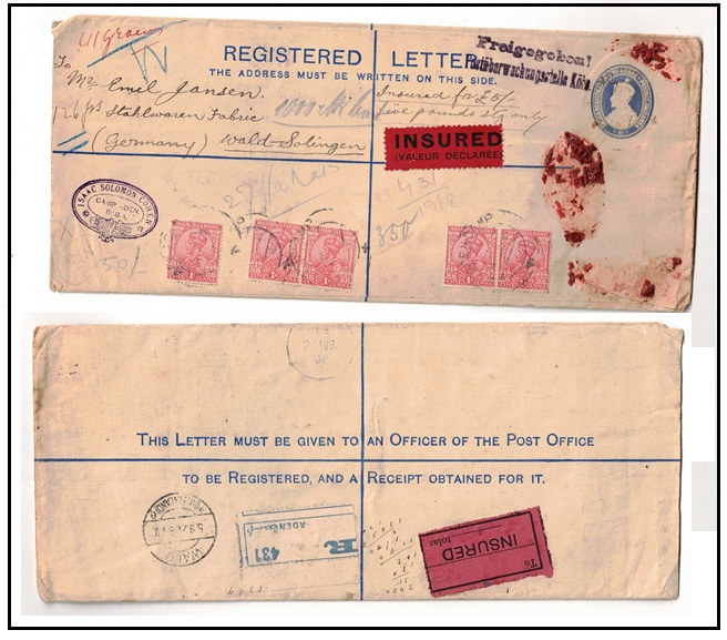 ADEN - 1921 use of 2 1/2a RPSE (size H2) of India to Germany with INSURED label applied.