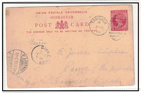 MOROCCO AGENCIES - 1889 10c rose PSC of Gibraltar used at TANGIER and sent to UK.  H&G 16.