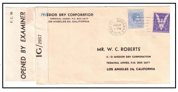 BAHAMAS - 1945 3d + US 3c rated combination cover to USA with 