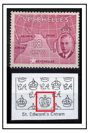 SEYCHELLES - 1952 18c carmine lake fine mint with ERROR ST.EDWARDS CROWN watermark.  SG 162b.

