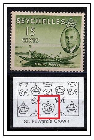 SEYCHELLES - 1952 15c deep yellow green fine mint with ERROR ST.EDWARDS CROWN wmk. SG 161b.
