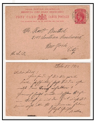 BERMUDA - 1912 1d red PSC to USA used at PAGET WEST/BERMUDA.  H&G 15.