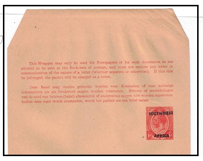 SOUTH WEST AFRICA - 1923 1d red on buff postal stationery wrapper unused. H&G 3.