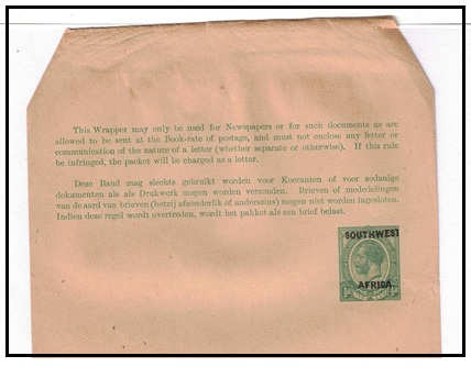 SOUTH WEST AFRICA - 1923 1/2d green on buff postal stationery wrapper unused.  H&G 1.
