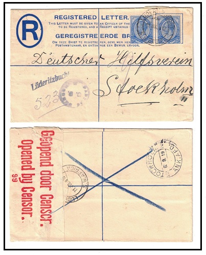 SOUTH WEST AFRICA - 1919 use of 4d blue RPSE of South Africa censored and uprated at LUDERITZBUCHT.