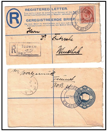 SOUTH WEST AFRICA - 1913 4d blue RPSE of South Africa uprated and used at TSUMEB.