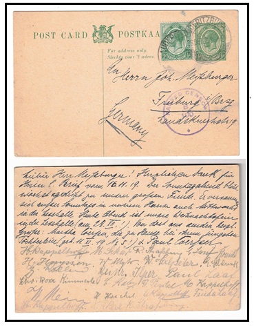 SOUTH WEST AFRICA - 1917 1/2d green PSC of South Africa uprated and censored at LUDERITZBUCHT.