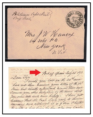 TRINIDAD AND TOBAGO - 1873 stampless cover to USA struck NEW YORK SHIP LETTER.