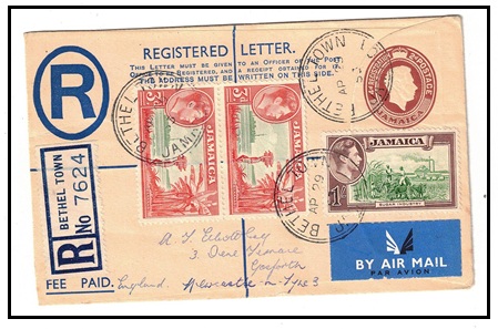 JAMAICA - 1940 2d+4d brown RPSE (size F) addressed to UK uprated at BETHEL TOWN.  H&G 7.