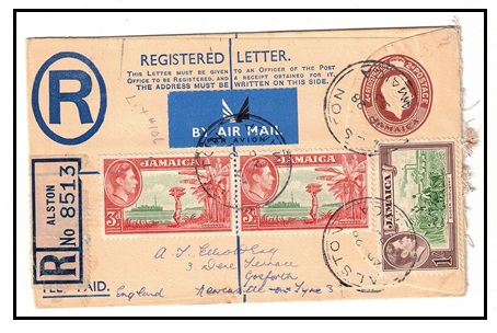 JAMAICA - 1940 2d+4d brown RPSE (size F) addressed to UK uprated at ALSTON.  H&G 7.