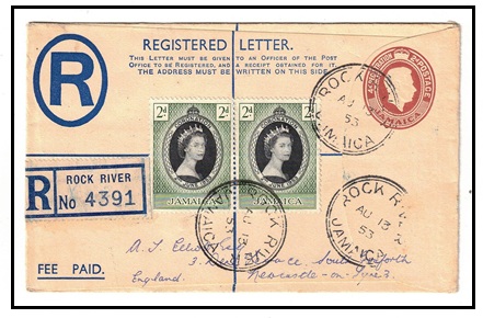 JAMAICA - 1940 2d+4d brown RPSE (size F) addressed to UK uprated at ROCK RIVER. H&G 7.