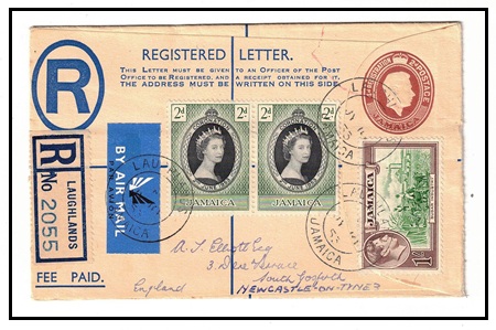 JAMAICA - 1940 2d+4d brown RPSE (size F) addressed to UK uprated at LAUGHLANDS. H&G 7.