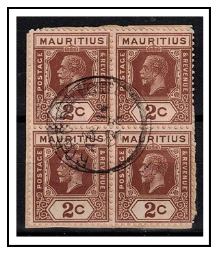 MAURITIUS - 1927 piece bearing 2c brown block of four cancelled RODRIGUES.