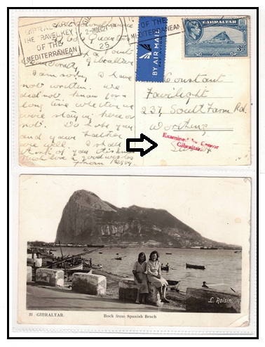 GIBRALTAR - 1939 3d rate postcard use to UK struck 