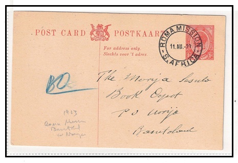 BASUTOLAND - 1923 use of 1d South African PSC used at ROMA MISSION.