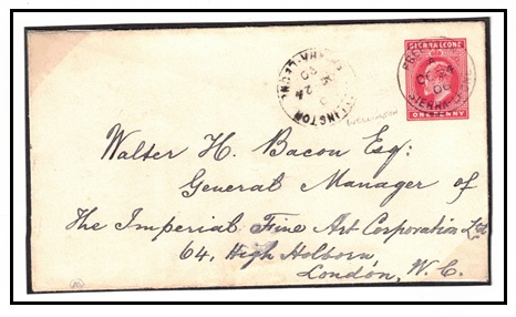 SIERRA LEONE - 1902 1d carmine PSE to UK used at WELLINGTON.  H&G 5a.