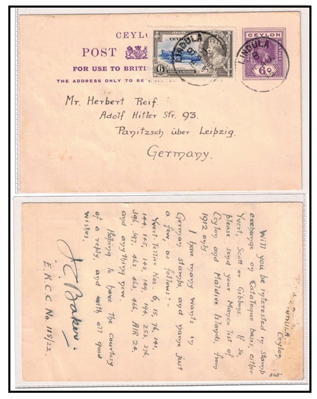 CEYLON - 1925 6c purple PSC uprated to Germany used at LINDULA.  H&G 61.