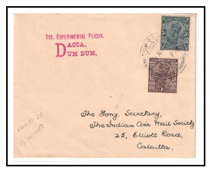 INDIA - 1933 1st Experimental Dacca Dum Dum first flight cover.