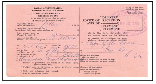 SOUTHERN RHODESIA - 1960 use of black on pink 